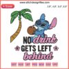 Lilo & Stitch embroidery art depicting Stitch humorously cherishing drinks. Disney-themed, funny Stitch design, unique embroidery.