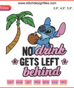 Lilo & Stitch embroidery art depicting Stitch humorously cherishing drinks. Disney-themed, funny Stitch design, unique embroidery.