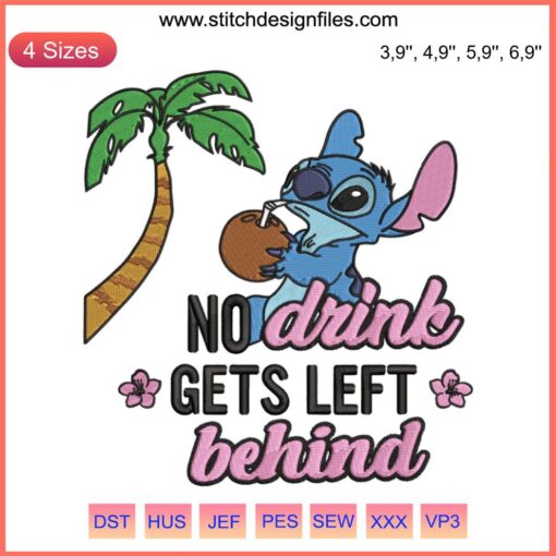 Lilo & Stitch embroidery art depicting Stitch humorously cherishing drinks. Disney-themed, funny Stitch design, unique embroidery.
