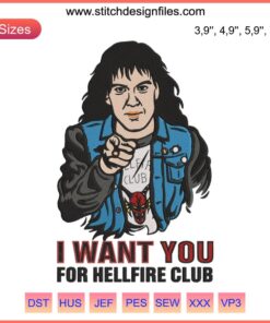 Eddie Munson Embroidery | Stranger Things Hellfire Club design featuring intricate patterns and character motif.