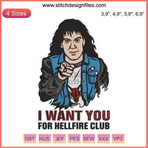 Eddie Munson Embroidery | Stranger Things Hellfire Club design featuring intricate patterns and character motif.