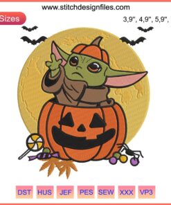 Halloween Baby Yoda Embroidery Design: Cute Yoda with Pumpkin, Moon, Happy Halloween text | Digital Embroidery File
