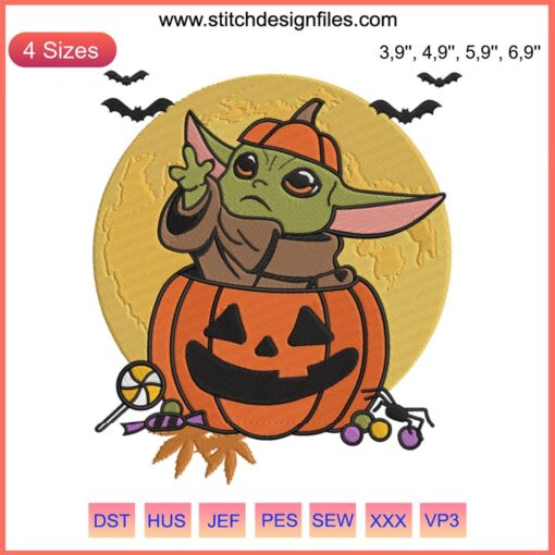 Halloween Baby Yoda Embroidery Design: Cute Yoda with Pumpkin, Moon, Happy Halloween text | Digital Embroidery File
