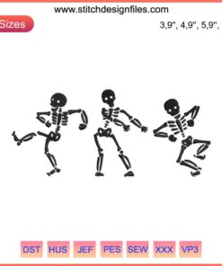 Digital embroidery features dancing skeletons, Halloween theme, "Let's Dance Boys and Girls" spooky design file. Perfect for decor.