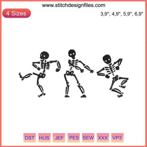 Digital embroidery features dancing skeletons, Halloween theme, "Let's Dance Boys and Girls" spooky design file. Perfect for decor.