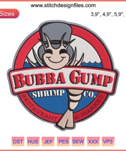 Bubba Gump Shrimp Co. logo embroidery design, featuring iconic shrimp character, ideal for restaurant branding and market merchandise.