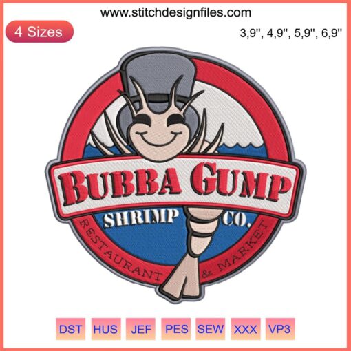 Bubba Gump Shrimp Co. logo embroidery design, featuring iconic shrimp character, ideal for restaurant branding and market merchandise.