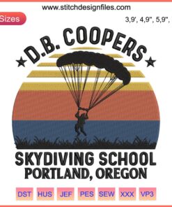 Vintage Portland-themed embroidery design featuring 'D.B. Cooper's Skydiving School' logo with parachute motif.