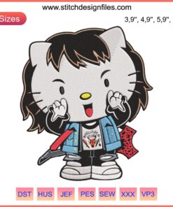 Eddie Munson Hello Kitty Hellfire Club Embroidery Design - Cute mashup, punk rock style camiseta pattern for fans, instant download.
