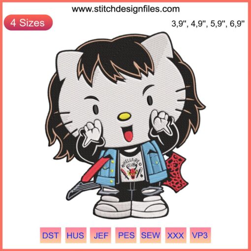 Eddie Munson Hello Kitty Hellfire Club Embroidery Design - Cute mashup, punk rock style camiseta pattern for fans, instant download.