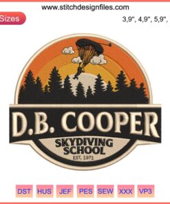 D.B. Cooper Skydiving School Embroidery Design: Est. 1971, Parachute Logo, Vintage Aesthetic, Adventure Sports, Unique Branding