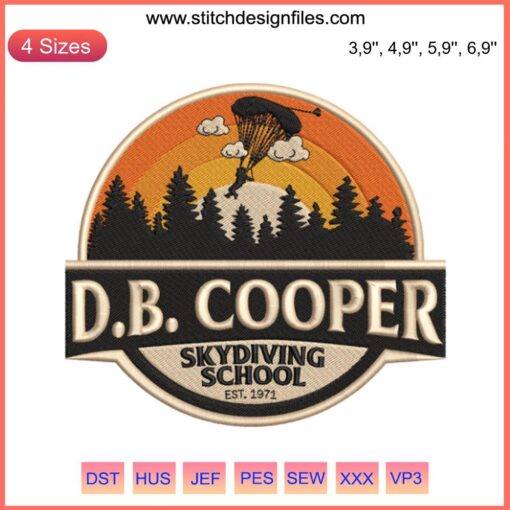D.B. Cooper Skydiving School Embroidery Design: Est. 1971, Parachute Logo, Vintage Aesthetic, Adventure Sports, Unique Branding