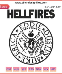 Hellfire Club Embroidery Design File featuring Eddie, Dustin, Mike, Erica; intricate character details; ideal for fan-themed projects.