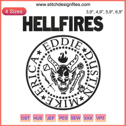 Hellfire Club Embroidery Design File featuring Eddie, Dustin, Mike, Erica; intricate character details; ideal for fan-themed projects.