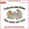 Whimsical frog embroidery design with playful text: "I'd Rather Have Crumbs with Bums". Fun, quirky embroidery pattern.