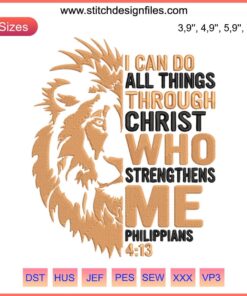 Lion Christian Embroidery with "I Can Do All Things Through Christ" in bold, featuring a regal lion motif. Christian apparel design.
