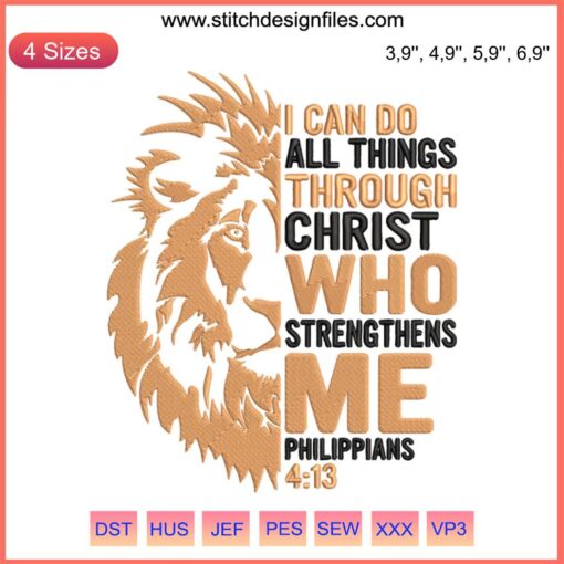 Lion Christian Embroidery with "I Can Do All Things Through Christ" in bold, featuring a regal lion motif. Christian apparel design.