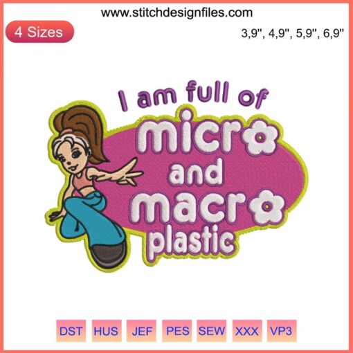 Micro plastic sticker embroidery featuring "I Am Full of Micro and Macro Plastic Design" in vibrant colors and intricate patterns.