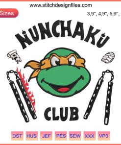 Embroidery design featuring a Ninja Turtle face with nunchaku and Stranger Things elements, perfect for fans of retro pop culture.