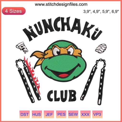 Embroidery design featuring a Ninja Turtle face with nunchaku and Stranger Things elements, perfect for fans of retro pop culture.