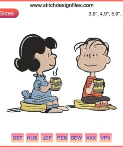 Snoopy, Linus, and Lucy Peanuts Embroidery Design featuring classic cartoon characters, perfect kids' gift, vibrant colors.