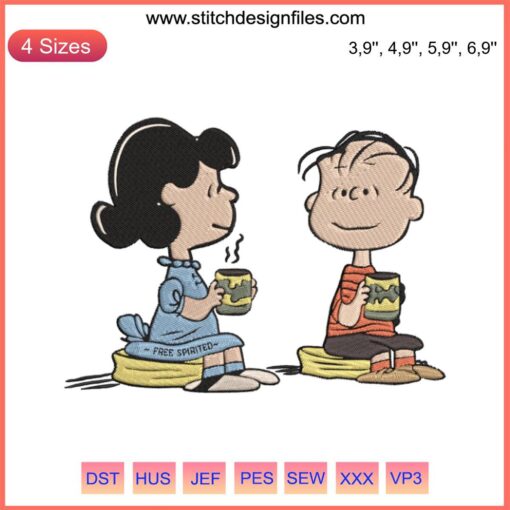 Snoopy, Linus, and Lucy Peanuts Embroidery Design featuring classic cartoon characters, perfect kids' gift, vibrant colors.