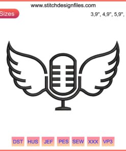 Microphone with Wings Embroidery featuring "RIP Vin Scully" design for Music Studio. Vintage, creative sound art.
