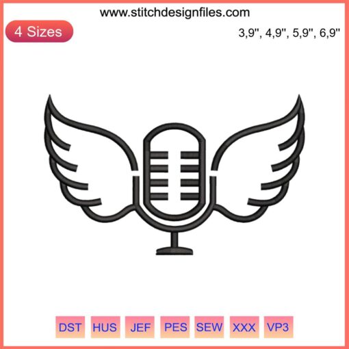 Microphone with Wings Embroidery featuring "RIP Vin Scully" design for Music Studio. Vintage, creative sound art.