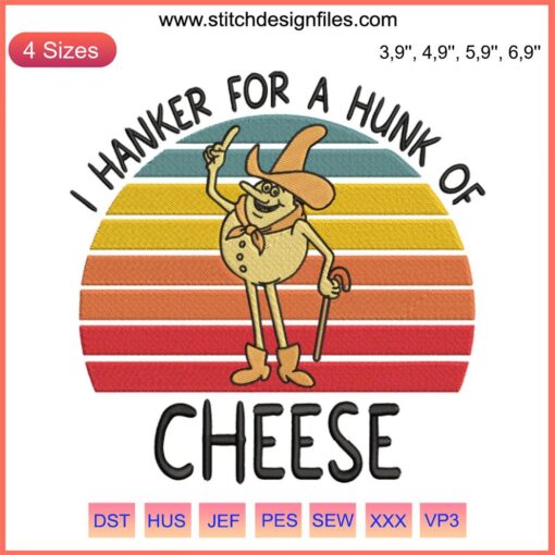 "Time For Timer Embroidery featuring retro 'I Hanker For A Hunk Of Cheese' design; perfect for nostalgia lovers and craft enthusiasts."