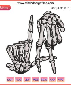 Skeleton hand forming LA sign, Lazy DIY Halloween costume design, Los Angeles theme, black background, white skeletal bones.