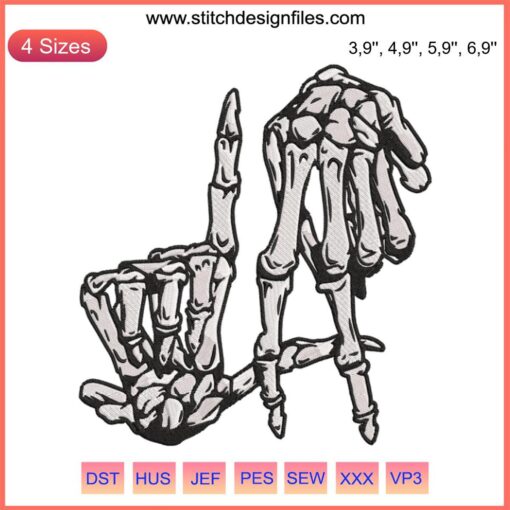 Skeleton hand forming LA sign, Lazy DIY Halloween costume design, Los Angeles theme, black background, white skeletal bones.