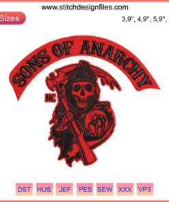 Skull embroidery in Sons of Anarchy style, perfect for Halloween design file. Bold and intricate motorcycle club motif.