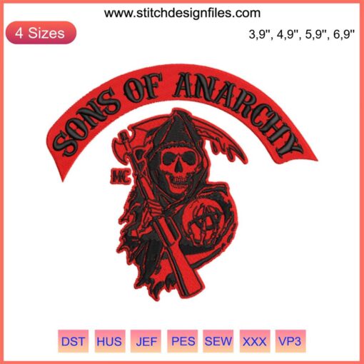 Skull embroidery in Sons of Anarchy style, perfect for Halloween design file. Bold and intricate motorcycle club motif.