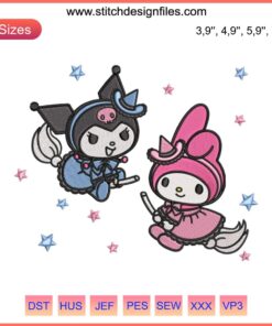Hello Kitty Halloween Embroidery: My Melody Kuromi Little Witches Design File, Cute Witchy HelloKitty Decor, Halloween Machine Embroidery