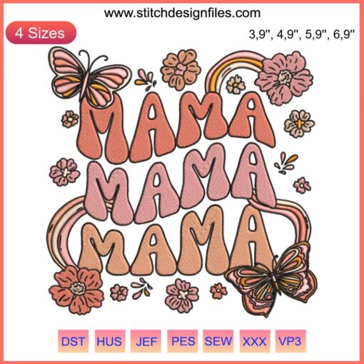 Retro Groovy Mama One Embroidery Design – "Thankful Mama" for Thanksgiving, Mother's Day. Vibrant, 70s-inspired pattern.