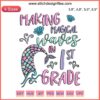 Mermaid School 1st Grade Embroidery Design: "Making Magical Waves" with playful mermaids and waves motif, digital file.
