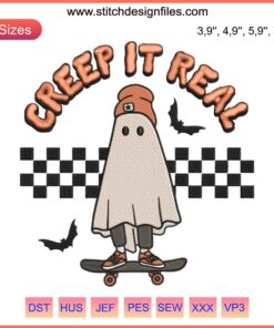 "Creep It Real Vintage Slide Ghost Embroidery Design | Retro Halloween Costume File | Spooky '70s Style Vector Art"