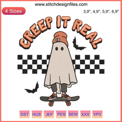 "Creep It Real Vintage Slide Ghost Embroidery Design | Retro Halloween Costume File | Spooky '70s Style Vector Art"