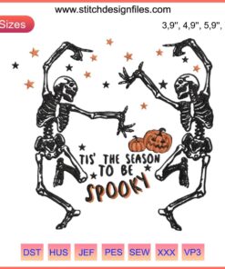 Dancing skeletons embroidery design, perfect for Halloween party decor. Vibrant, spooky season theme embroidery pattern.