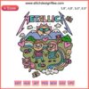 Cute cartoon music lovers enjoying Metallica band design embroidery; fun, colorful stitching with guitars and musical notes motif.