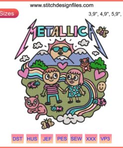 Cute cartoon music lovers enjoying Metallica band design embroidery; fun, colorful stitching with guitars and musical notes motif.