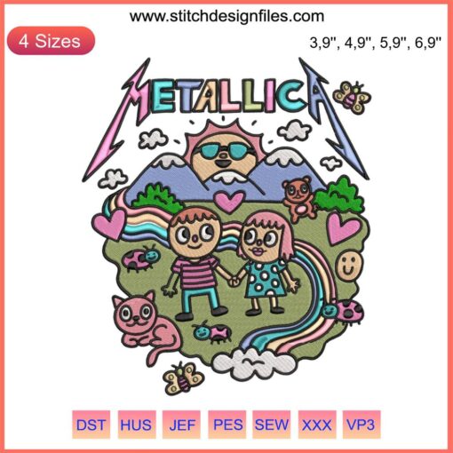 Cute cartoon music lovers enjoying Metallica band design embroidery; fun, colorful stitching with guitars and musical notes motif.