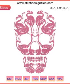 Pink Flamingo Skull Halloween Design, Breast Cancer Awareness Embroidery, Stylish Pink Ribbon Support, Unique Flamingo Pattern