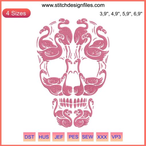 Pink Flamingo Skull Halloween Design, Breast Cancer Awareness Embroidery, Stylish Pink Ribbon Support, Unique Flamingo Pattern