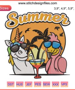 Unicorn and Flamingo Embroidery: Vibrant Summer Party Drink Design featuring whimsical motifs on fabric.
