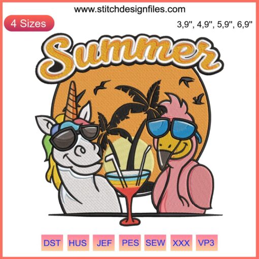 Unicorn and Flamingo Embroidery: Vibrant Summer Party Drink Design featuring whimsical motifs on fabric.