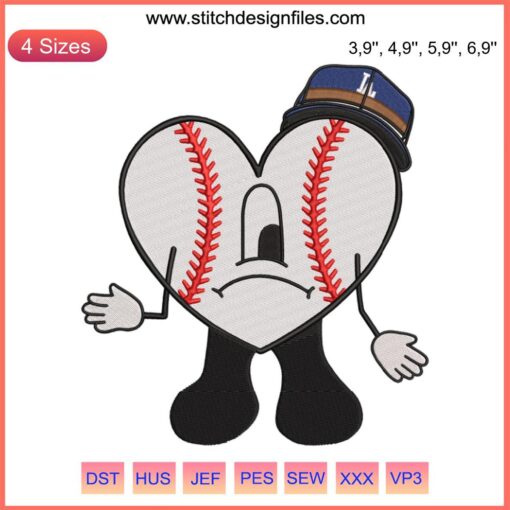 "Bad Bunny Dodgers Sad Heart Embroidery Design File: Los Angeles Dodgers Baseball Artwork, Unique Celebrity Sports Merch"