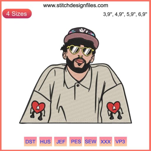 Bad Bunny Rapper Embroidery Design: Playboy Sad Heart Gift, Perfect for Hip-Hop Fans, Unique Digital Download File