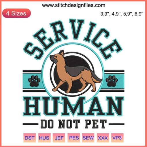 German Shepherd embroidery design with Service Human text, personalized gifts for dog lovers, perfect for pet owner appreciation.