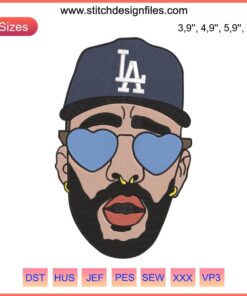 Los Angeles Dodgers MLB Bad Bunny Embroidery Design File, featuring baseball machine stitch pattern.